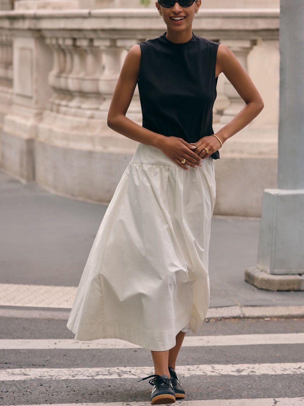 Anthropologie Black Sleeveless Top with Cream Tiered Midi Skirt